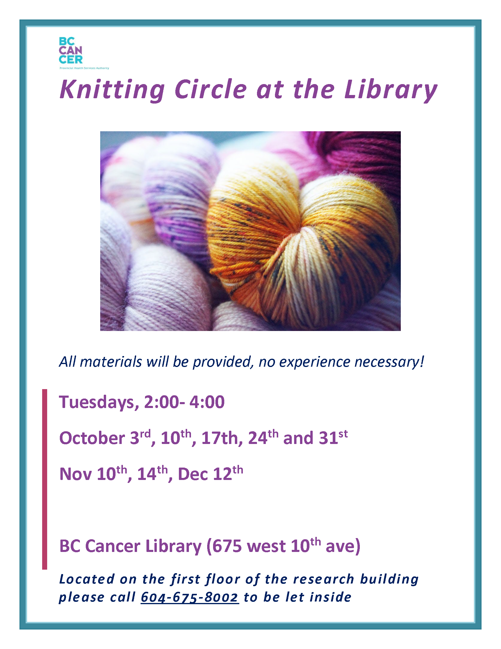 picture of yarn balls for knitting circle group at bc cance vancouver library