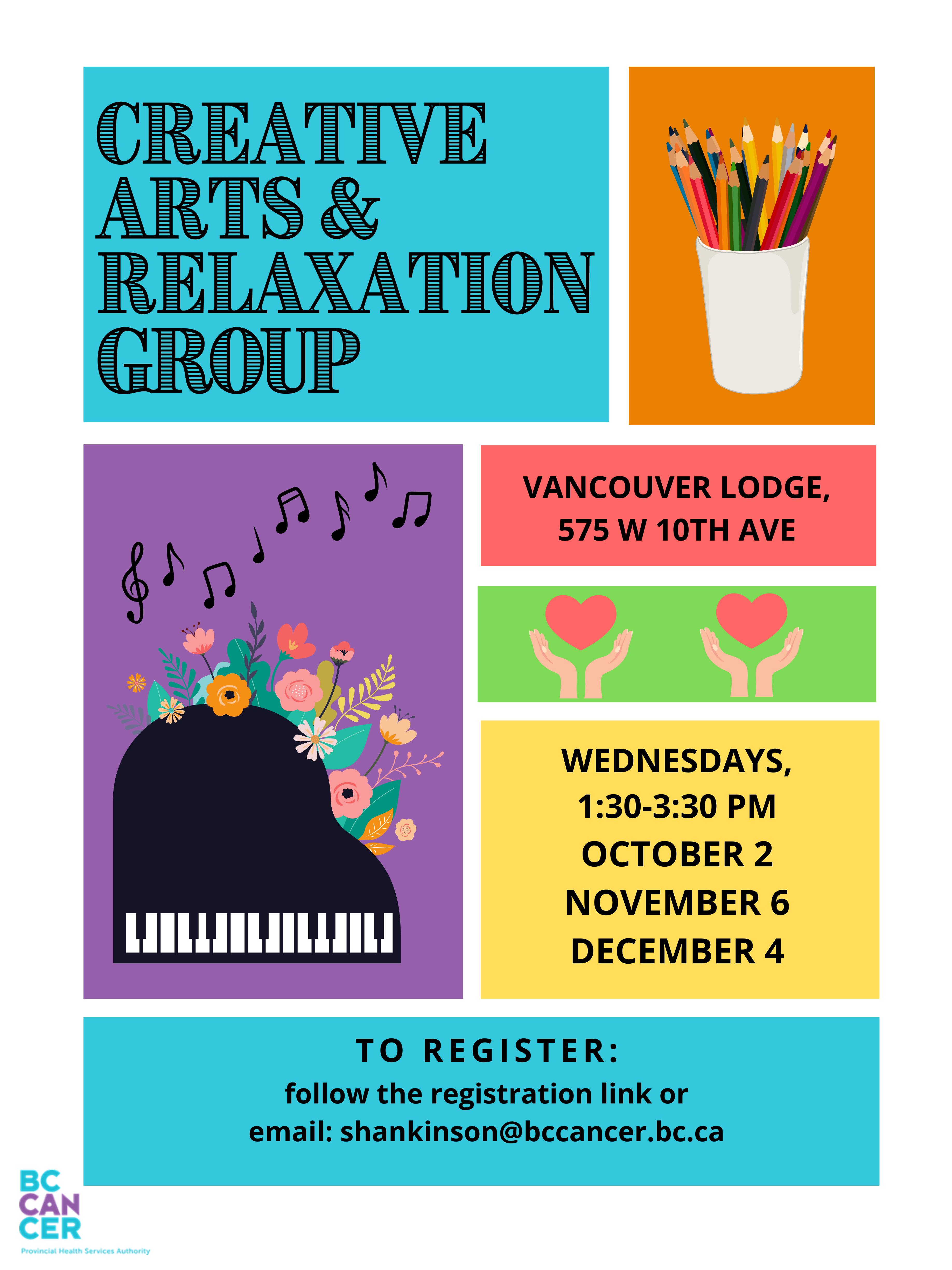 poster for creative arts and relaxation group showing time and location